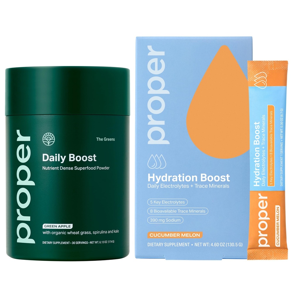 Proper Greens & Hydration Bundle – Organic Greens Powder Apple Flavor with Probiotics + Electrolyte Hydration Stick Packets Cucumber Melon