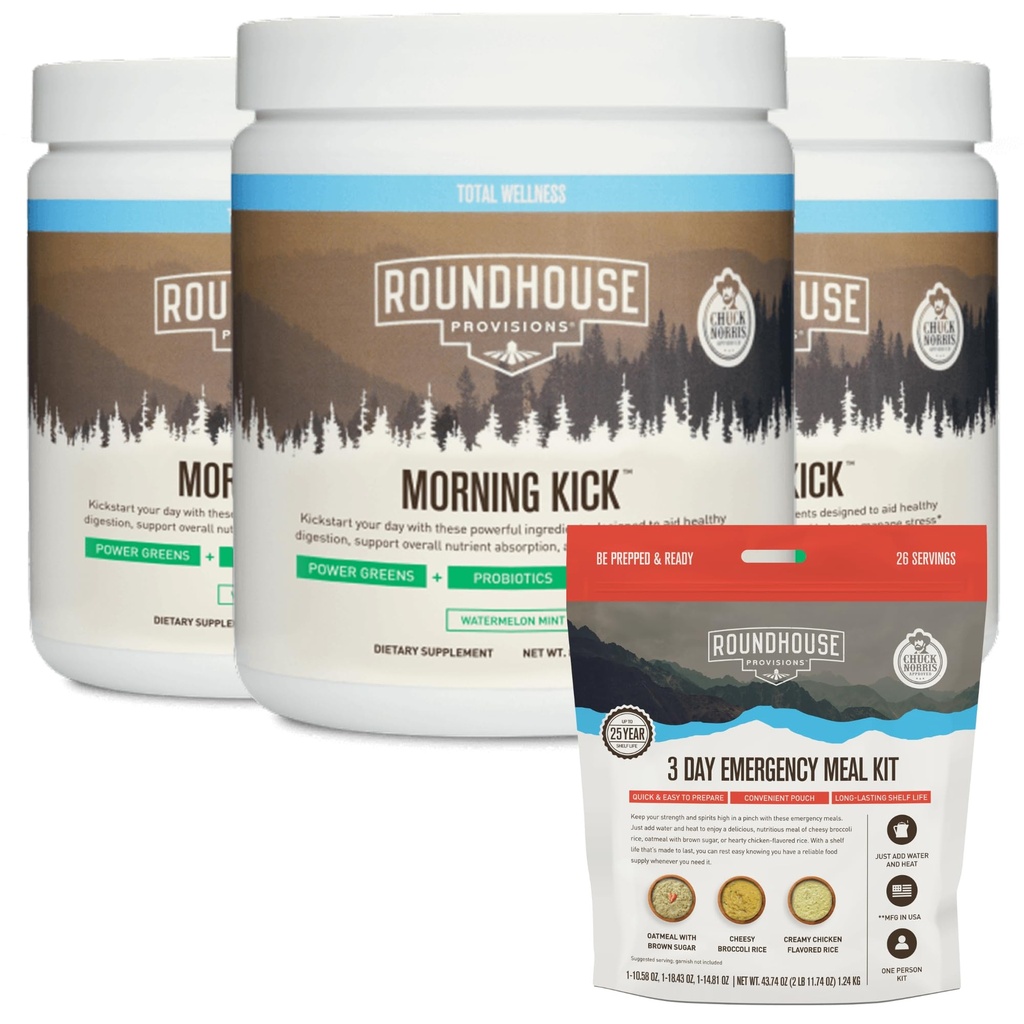 ROUNDHOUSE PROVISION Morning Kick 3 Pack (Watermelon Mint), Zero Sugar Greens Superfood Powder Supplement with 3 Day Emergency Meal Kit (26 Servings) by Chuck Norris
