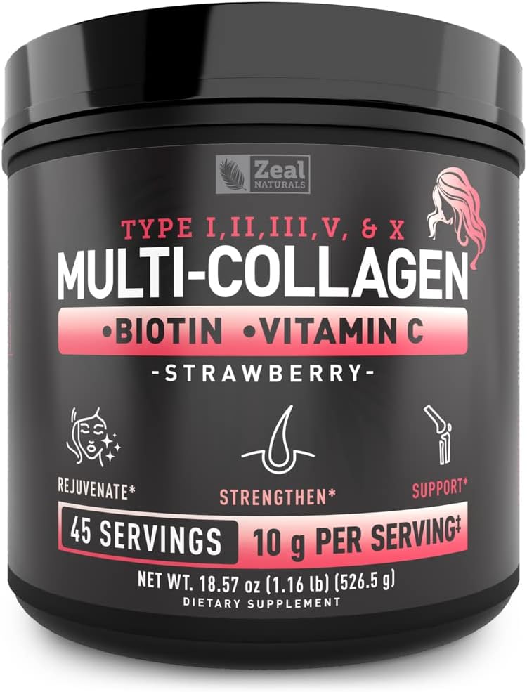 Premium Multi Collagen Peptides Protein Powder (1, 2, 3, 5 & 10) με Βιταμίνη C, Βιοτίνη, Υαλουρονικό Οξύ, για δέρμα μαλλιών και νύχια - Marine, Βοοειδή, Κοτόπουλο & Κοτόπουλο (Strawberry, 45 Servings)