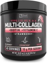 Premium Multi Collagen Peptides Protein Powder (1, 2, 3, 5 & 10) με Βιταμίνη C, Βιοτίνη, Υαλουρονικό Οξύ, για δέρμα μαλλιών και νύχια - Marine, Βοοειδή, Κοτόπουλο & Κοτόπουλο (Strawberry, 45 Servings)