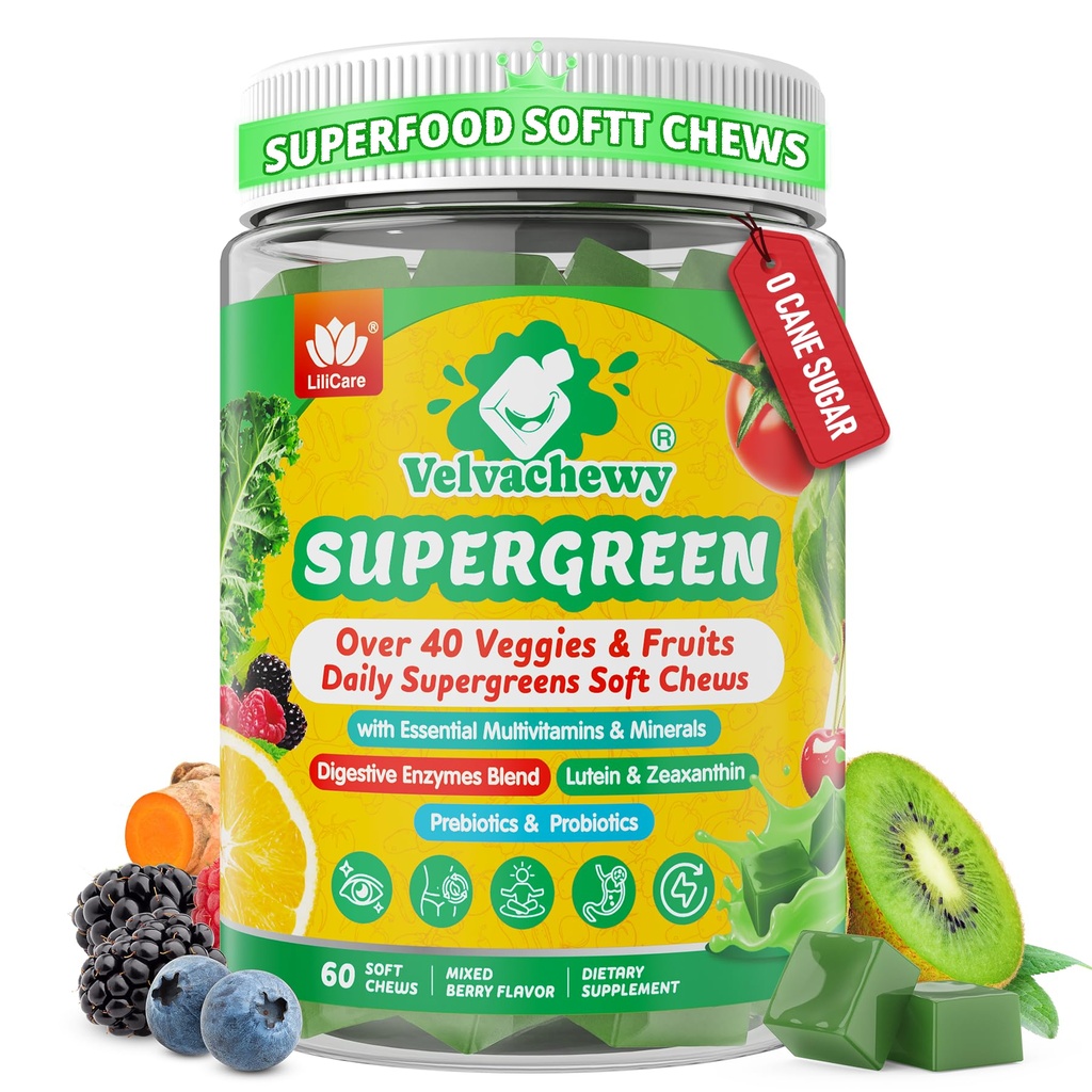 Greens Gummies for Picky Teens & Adults - Greens Superfood Multivitamin Gummies w/ 40+ Fruits & Veggies, Lutein, Enzymes & Fiber, Supergreen Chews for Immunity, Energy, Digestion, Gut & Vision, 1 Pack