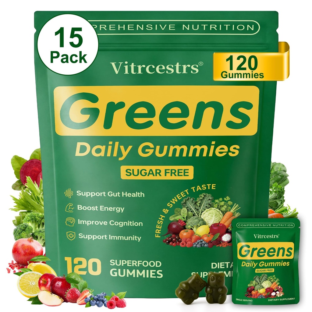 Greens Daily Gummies Sugar Free Super Greens Gummies for Adults Superfood Multivitamin Gummy with Spirulina, Chlorella, Prebiotic Fiber, Adaptogens, Fruit Veggie for Digestive & Gut Health, 120 Count