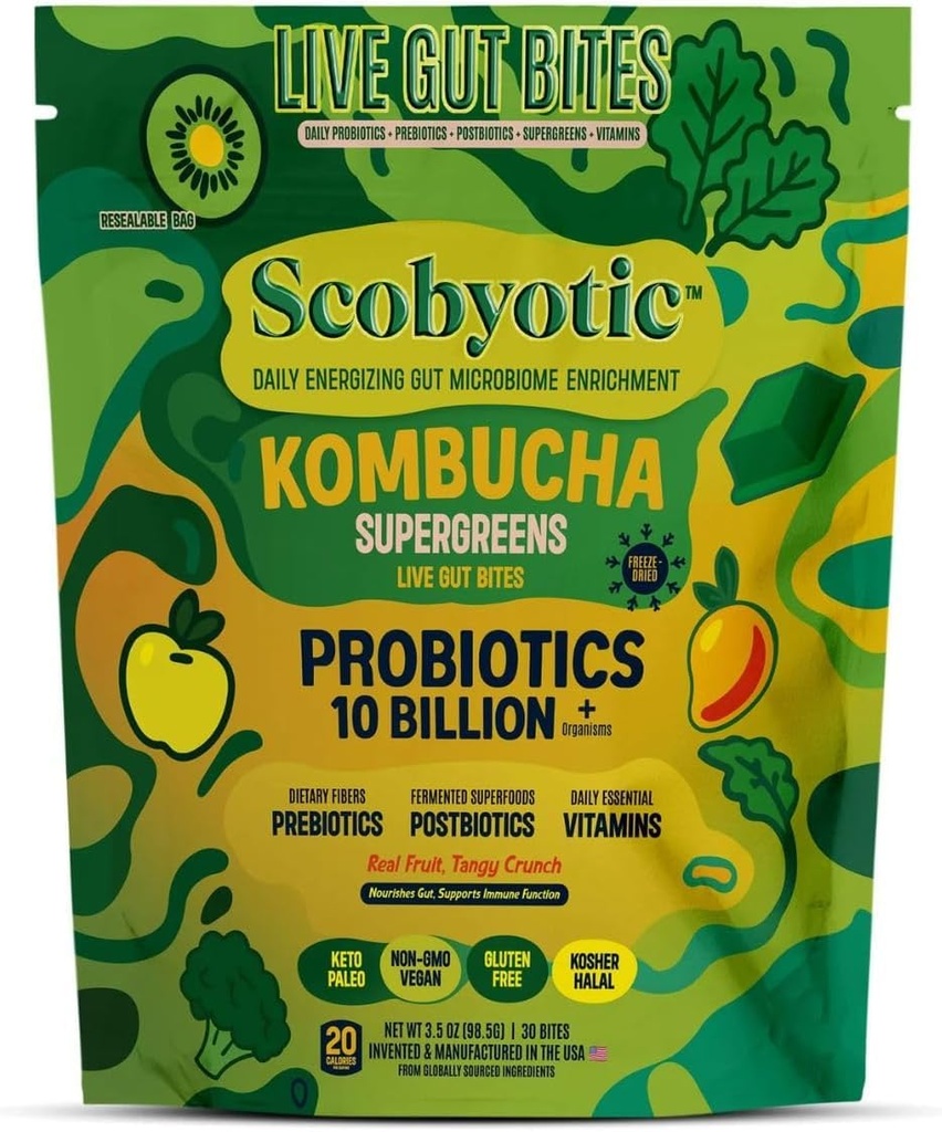 Scobyotic® Kombucha Supergreens Live Gut Bites – 10 Billion CFU Probiotics + Prebiotics & Postbiotics – Kombucha & Supergreens – Freeze-Dried Probiotic Supplement