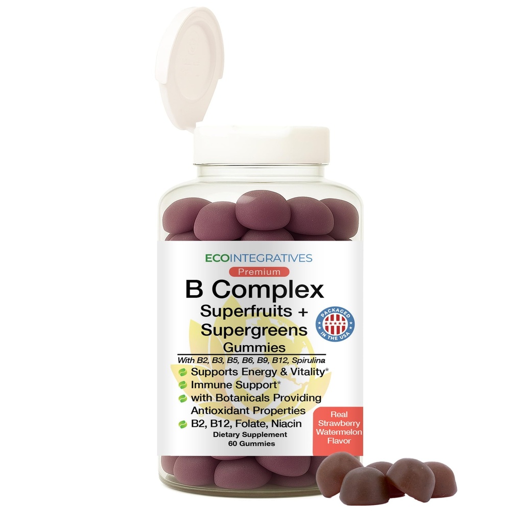 B Complex Gummies + Superfruits + Supergreens – Energy, Vitality & Immune Support – with B2, B3, B5, B6, B9 Folate & High Potency B12 – Rich in Antioxidants – Vegan, Gluten Free, Non-GMO – 60 Gummies