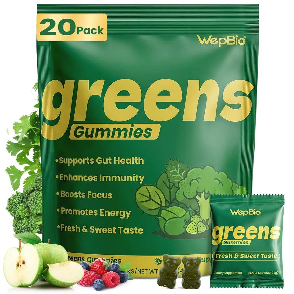 Daily Greens Gummies for Women and Men, Superfood Multivitamin Gummy with Fruits and Veggies Blend, Spirulina, Chlorella, Adaptogens & Prebiotic Fiber, for Gut Health and Immune Support - 160 Count