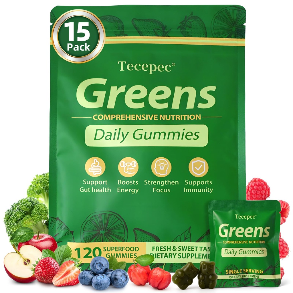 Greens Daily Gummies, Superfood Fruits and Veggies Blend with Spirulina, Chlorella, Prebiotics & Fiber, Adaptogens Multivitamin Supplement for Digestive Health, Non-GMO, 120 Count