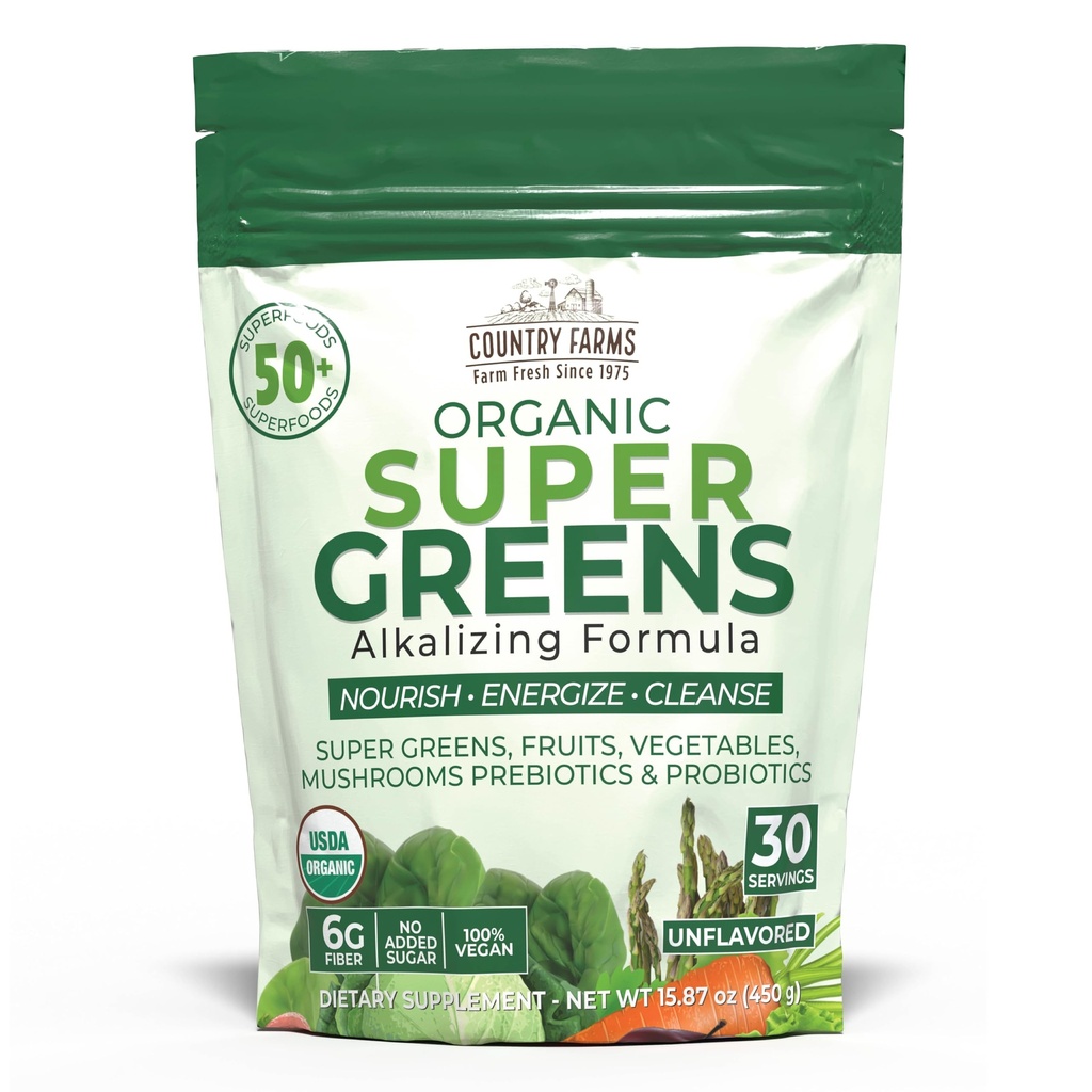 Country Farms Super Greens Natural Flavor, 50 Organic Super Foods, USDA Organic Drink Mix (Wheat Grass, Spirulina, Chlorella) Mushrooms & Probiotics, Fiber, Gut Health, Natural Energy, 30 Servings