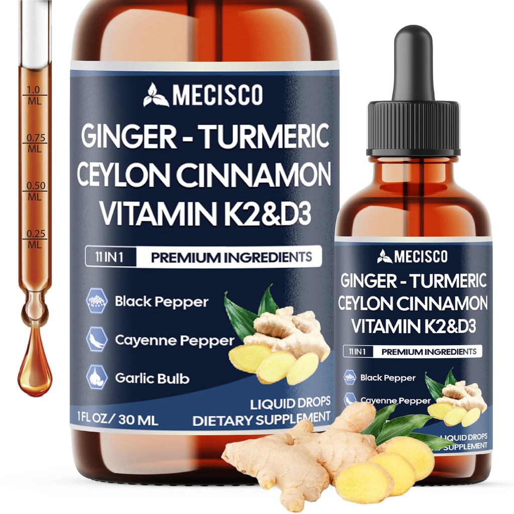 11in1 Ginger Root Liquid Drops with Vitamin D3, Vitamin K2, Turmeric, Ceylon Cinnamon, Berberine Extract, Garlic, Black Pepper and More - 1 FL Oz - 2 Month Supply