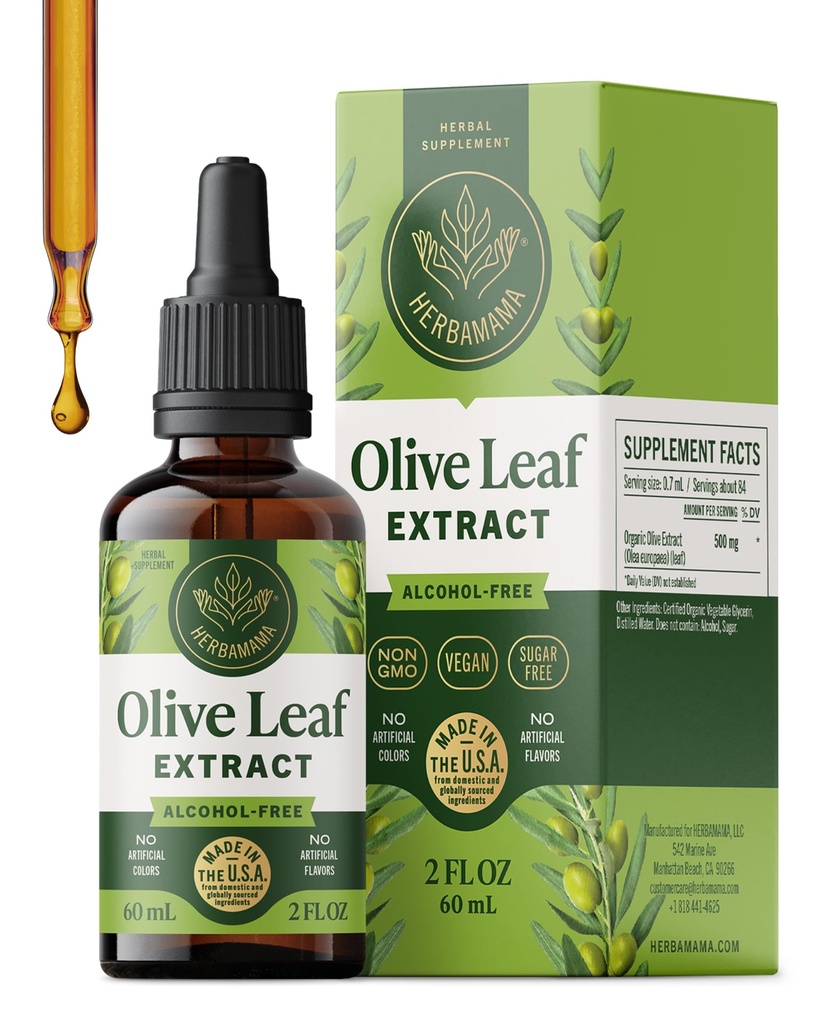 HERBAMAMA Olive Leaf Extract Liquid - Immune Support Supplement with Olive Oil Leaf Tincture - Non-GMO, Alcohol & Sugar-Free, 42-Day Supply