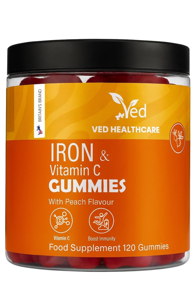 Ved Iron Supplement Gummies 12.5 mg for Women & Men - Iron Gummies with Vitamin C - Chewable Prenatal & Adult 120 Iron Gummies