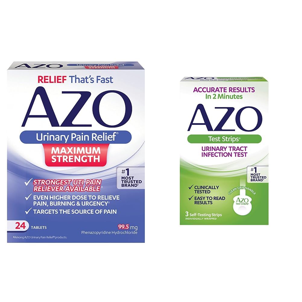 AZO Urinary Pain Relief Maximum Strength (24 Count) Urinary Tract Infection Urinary Tract Infection (UTI) Test Strips, Accurate Results in 2 Minutes, 3 Count