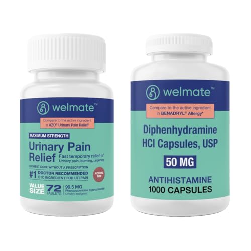 WELMATE UTI Comfort & Restful Night Kit: Urinary Pain Relief Phenazopyridine 99.5mg (72 Ct) & Nighttime Sleep-Aid Diphenhydramine 50mg (1000 Ct)