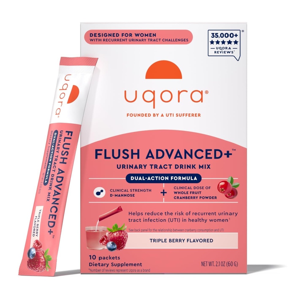 Uqora Flush Advanced+ - Helps Reduce Risk of Recurrent UTI** - with Cranberry, D-Mannose, Vitamin C, Vitamin B6 & Potassium - Gluten-Free & Vegan - Triple Berry Flavor - 10 Packets (1 Pack)