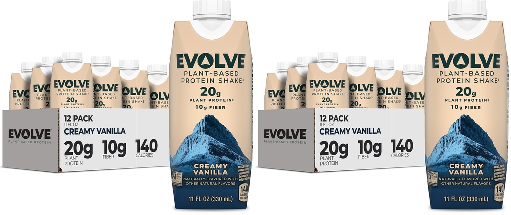 Evolve Plant Based Protein Shake,Vanilla Bean,20g Vegan Protein,Dairy Free,No Artificial Sweeteners,Non-GMO,10g Fiber,11 Fl Oz (Formula May Vary),(Pack of 24)