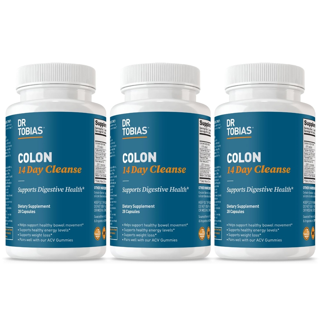 Dr. Tobias Colon Cleanse - Constipation Relief & Gut Health Support for Women & Men | 14 Day Colon Cleanser for a Gentle Colon Detox & Gut Flush - 3 Bottles of 28 Capsules