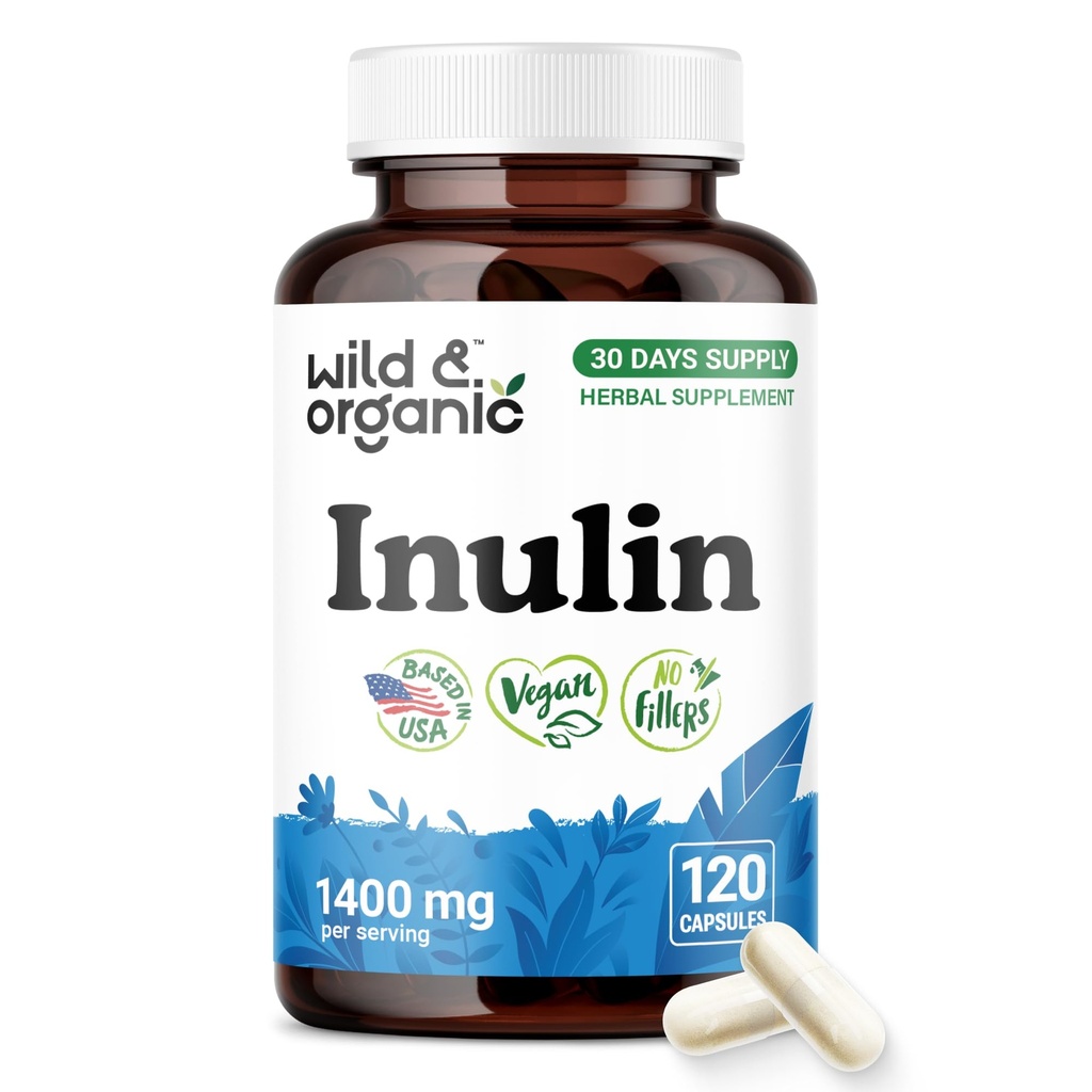 Wild & Organic Inulin Capsules 1400 mg - Digestive & Gut Support - Inulin Prebiotic Fiber Powder Supplement - Chicory Root Derived - Vegan, No Fillers, Non-GMO - 120 Count