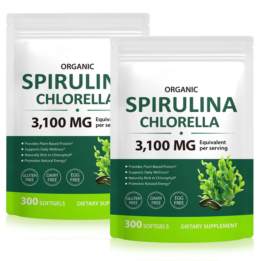 Spirulina Chlorella Capsules, 3000MG Per Serving,17-in-1 Supergreens Blend Rich in Vegan Protein, Chlorophyll, Vitamins, Supports Energy, Immune & Gut Health, Easy Absorption,300 Softgels