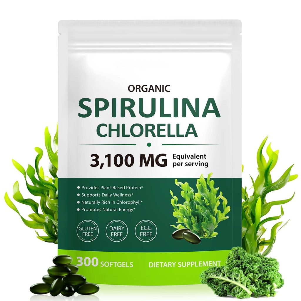 Spirulina & Chlorella Supergreens Softgels, 17-in-1 Supergreens Blend, Plant-Based Protein, Naturally Rich in Chlorophyll, Gluten Free, Dairy Free, Egg Free