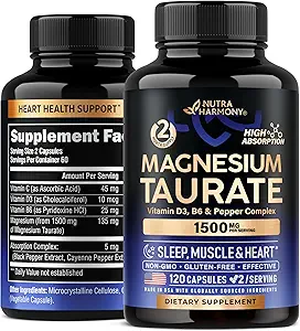 Magnesium Taurate 1500 mg with Vitamins B6, C & D3 - Pepper for Enhanced Absorption - Laboratory Tested, Made in USA - 120 Capsules, 2 Month Supply