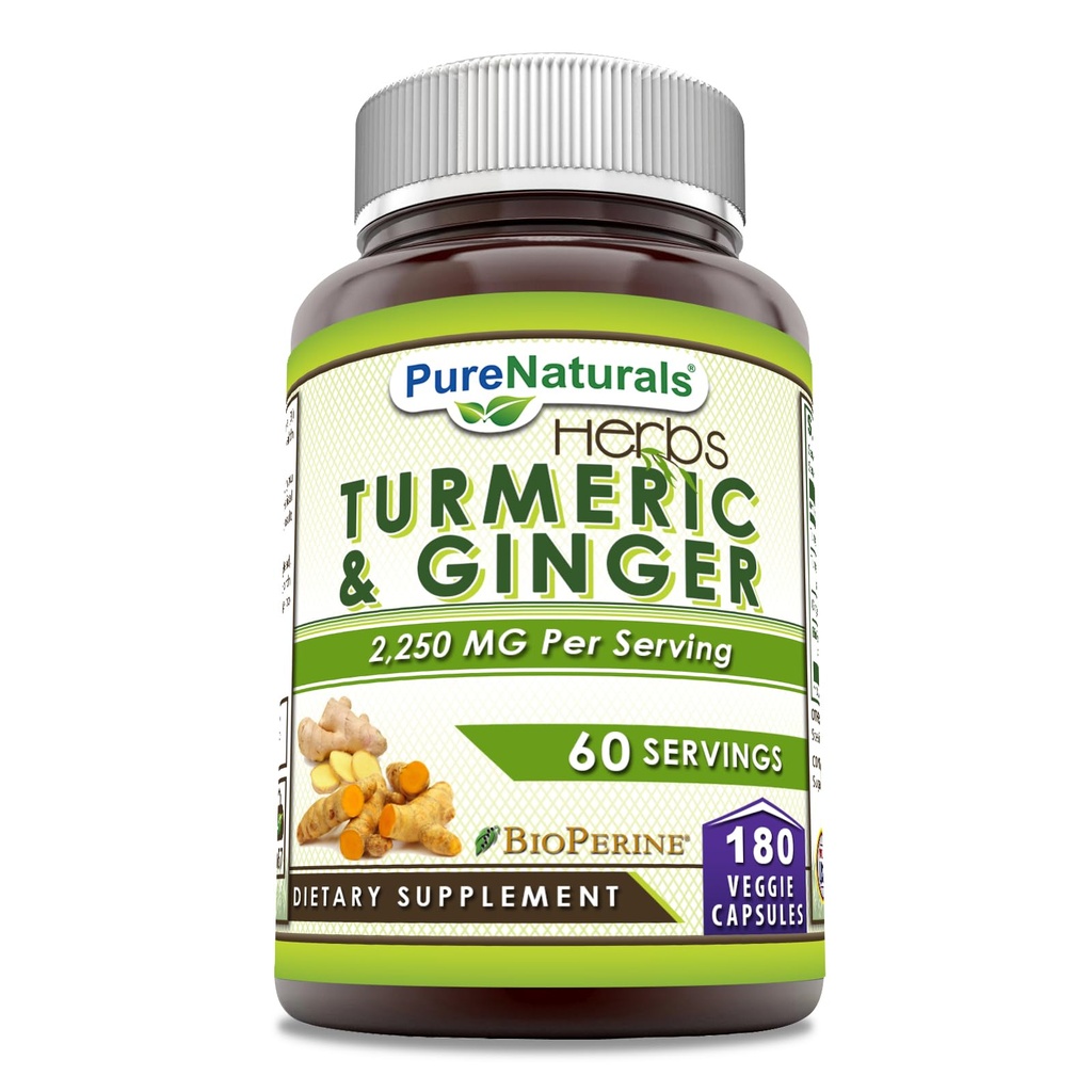 Pure Naturals Turmeric Curcumin & Ginger with BioPerine 2250 mg Per Serving 180 Veggie Capsules | Non-GMO | Gluten Free | Made in USA