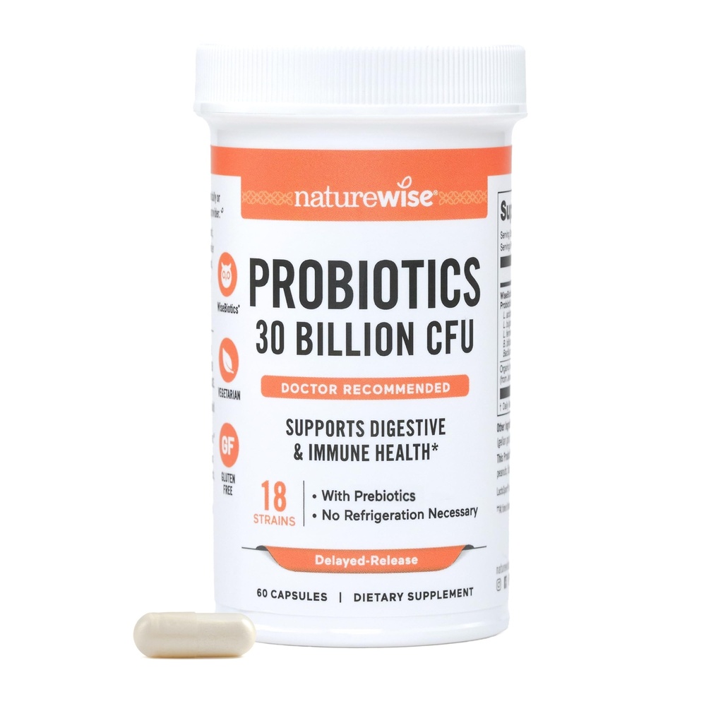 NatureWise Max Probiotics for Women & Men - 30 Billion CFU 18 Strains With Prebiotics - For Gut & Digestive Health - Καθυστερημένες κάψουλες, Χωρίς γλουτένη - 60 κάψουλες[2-Month Supply]