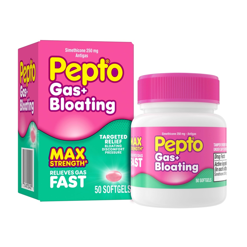 Pepto Gas + Bloating, Simethicone 250 mg Softgels, 50 Count, Gas Relief for Adults, Anti Gas and Bloating, Gas Relief Maximum Strength