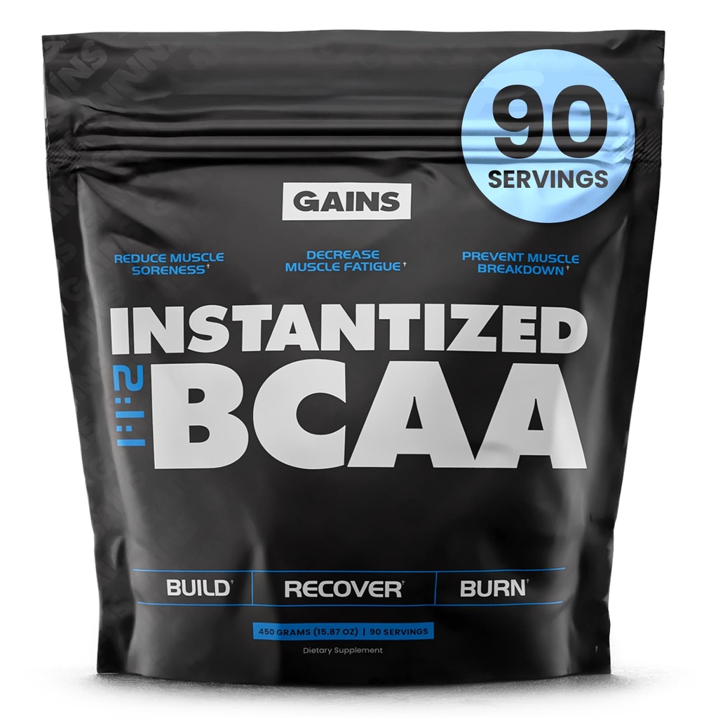 Gains in Bulk BCAA Powder, Pre Workout Plant Based Branch Chain Amino Acids, Gluten Free, Vegan Supplement with Keratin for Endurance & Strength During & Post Workout, Unflavored, 90 Servings