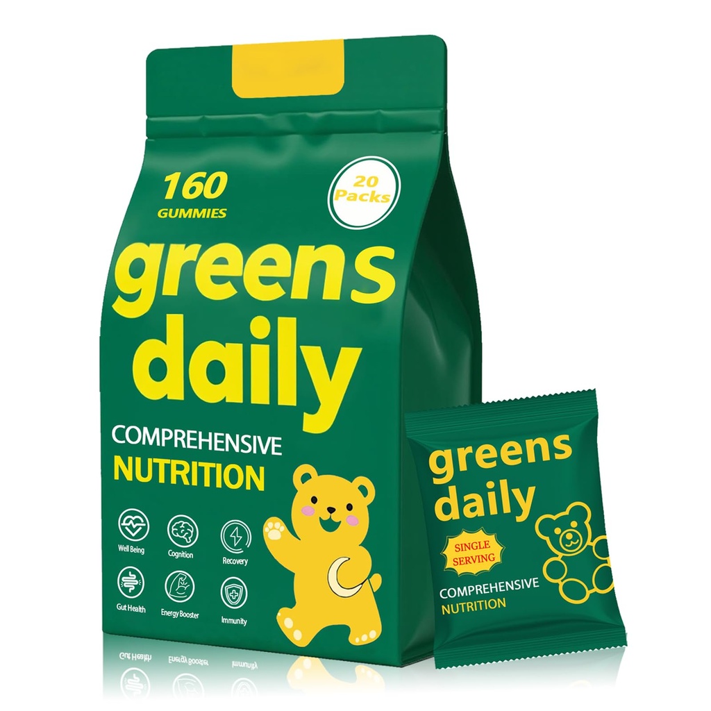 Greens Gummies, Daily Greens Gummies with Organic Chlorella and Spirulina, Digestive & Gut Health, Low Sugar, Formulated with 60+ Ingredients, Individual Packets,160 Gummy Bear