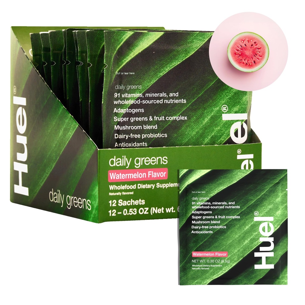 Huel Daily Greens Single Serve Watermelon| Superfood Greens Powder | 91 Vitamins, Minerals, and Wholefood-Sourced Ingredients | Adaptogens, Antioxidants, Gut-Friendly Probiotics | 12 Pack