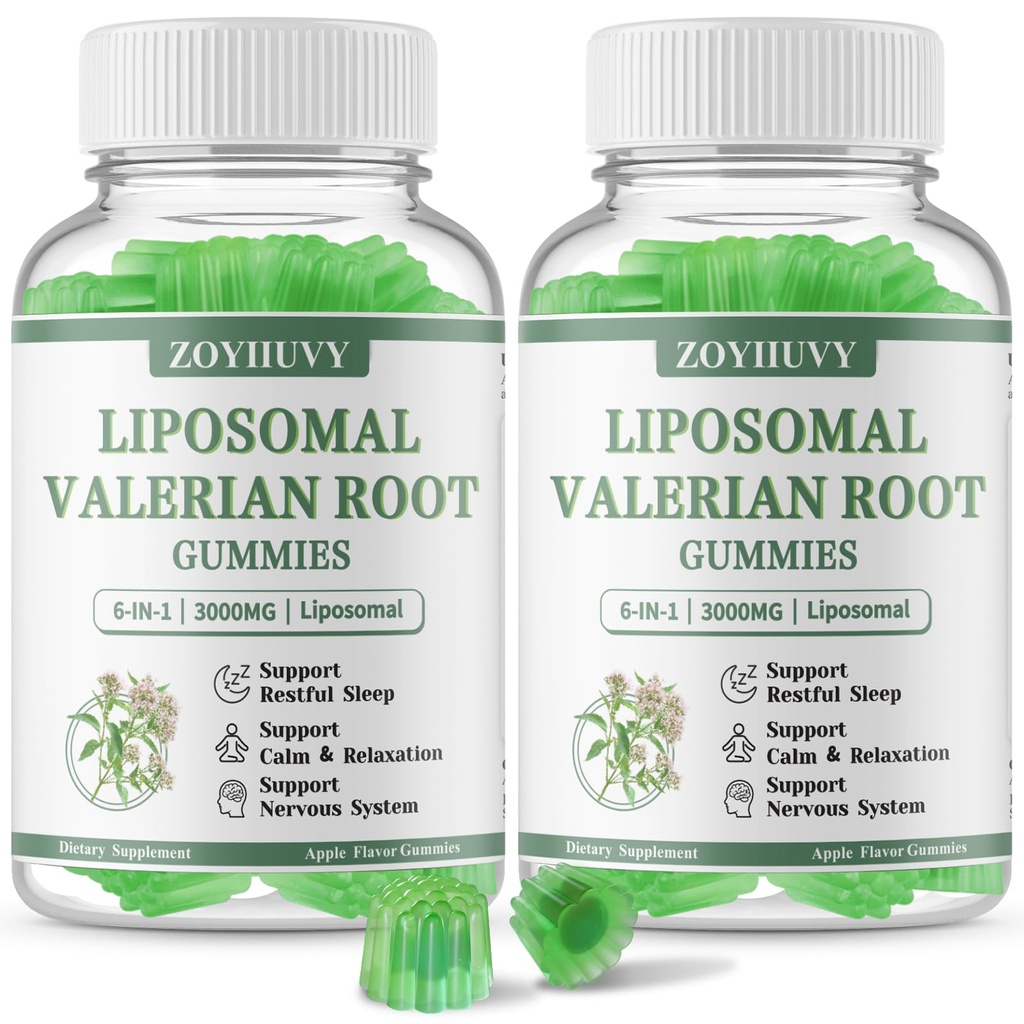2 Pack Liposomal Valerian Root Gummies, Natural Herbal Supplements for Calm & Relaxation, Natural Sleep Support for Adults & Kids, Melatonin Free, Vegan, Non-GMO, Gluten Free, Apple Flavor, 120 Count