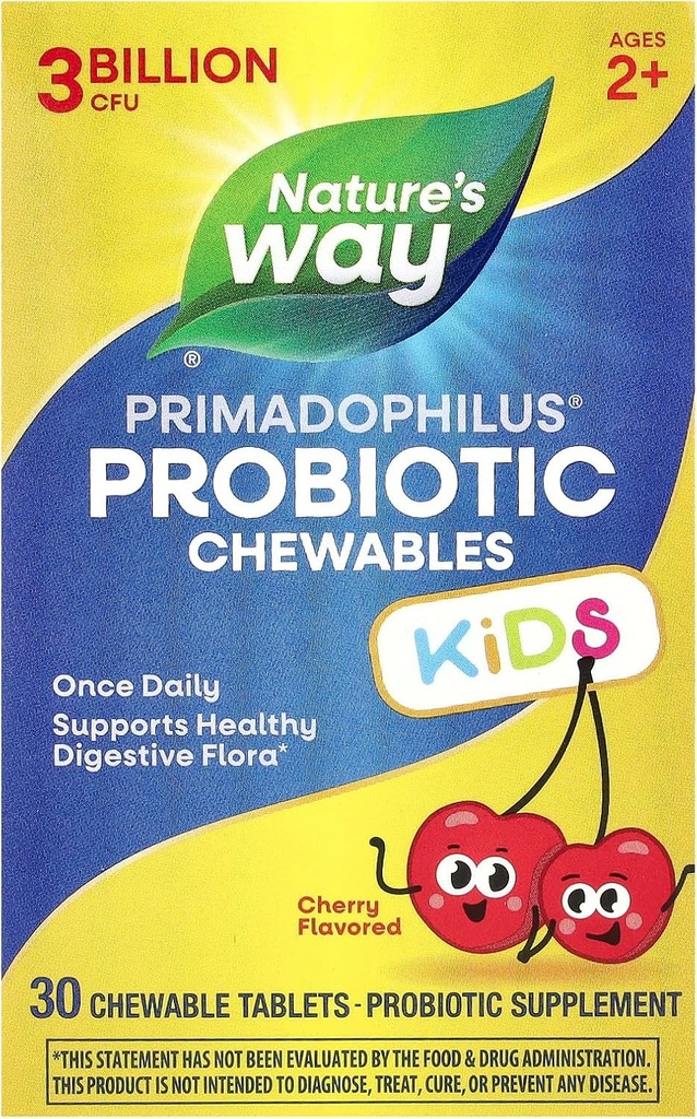 Nature's Way Primadophilus Probiotic Chewables for Kids, Supports Healthy Digestive Flora*, for Kids Ηλικίες 2+, 3 Billion CFU, 30 Cherry Flavored Chewables (Packaging May Vary)