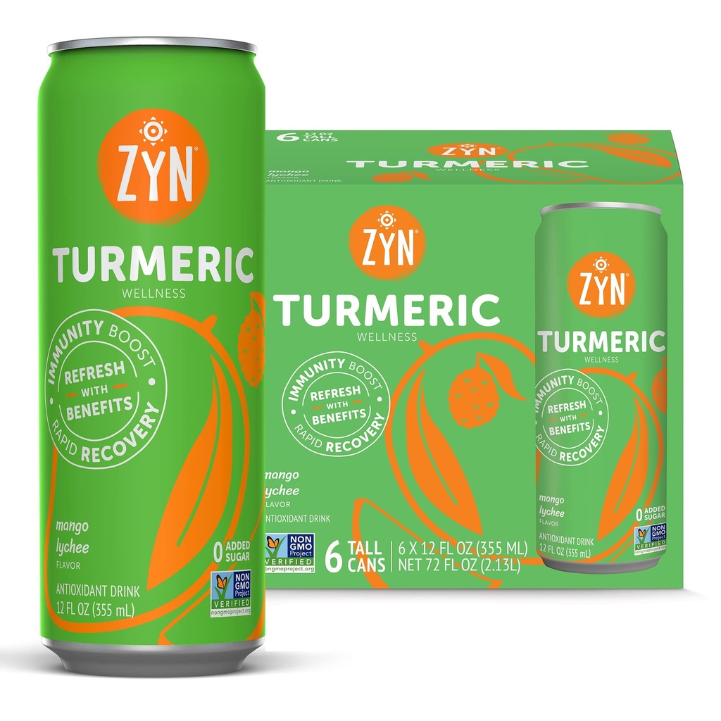 ZYN Turmeric Wellness Drink (6 Pack), Mango Lychee Flavored Turmeric Curcumin with Black Pepper, No Added Sugar, Low Carb & Low Calorie, Clean Alternative
