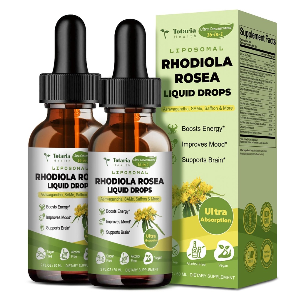 Liposomal Rhodiola Rosea Tincture, Ultra Strength Rhodiola Supplement with Ashwagandha, Saffron, Magnesium, SAM-e, Rhodiola Rosea Extract Liquid Drops for Natural Relaxation, Mood, Energy, Pack of 2