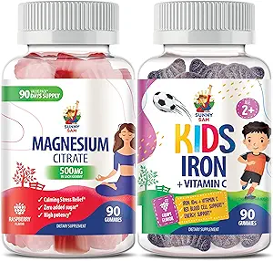 SUNNY SAM Iron Gummies for Kids & Adults & Magnesium Gummies for Adults - 500mg - Calm Magnesium Chews - Magnesium Citrate Chewable Supplement for Mood & Muscle Support. Iron Vitamins with Vitamin C.