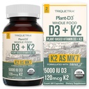 Organic Plant D3 + K2 | 5000 iu D3 + 120 mcg K2 as All-Trans MK7 from MenaQ7® - 100% Whole Food, Raw & Vegan | Enhanced Digestion with Prebiotic & Superfood Complex – D3 from Organic Algae (60 Count)