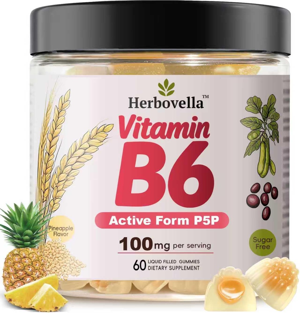 Vitamin B6 Gummies 100mg, Vitamin B6 Supplement P5P for Energy & Nervous System, Sugar Free, Vegan, 60 Liquid-Filled Gummies.