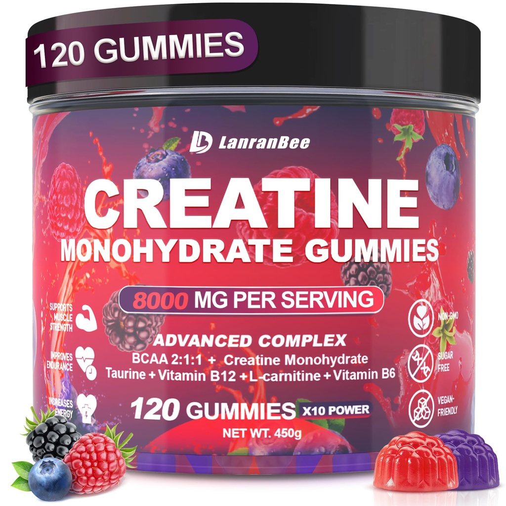 Creatine Monohydrate Gummies for Men & Women with L-Carnitine & Taurine, Sugar Free Chewable Creatine Pre-Workout Supplement for Muscle Strength, Muscle Builder, Energy Boost (Raspberry Flavor)