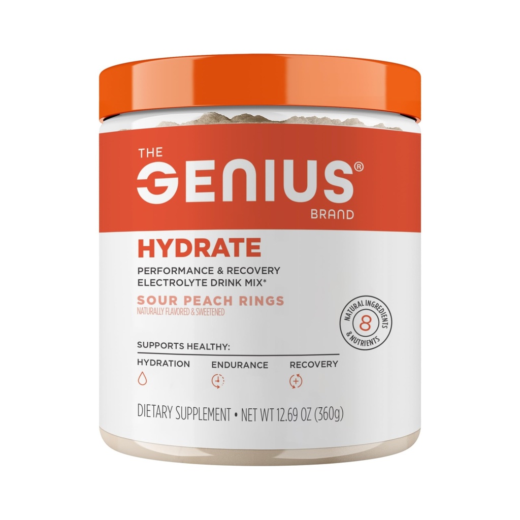 The Genius Brand Genius Hydrate - Συμπλήρωμα ηλεκτρολυτών για καθημερινή ενυδάτωση - Νερό καρύδας - Χωρίς ζάχαρη - 8 Ουσιαστικά Ορυκτά & Θρεπτικά συστατικά - Μη ΓΤΟ - Δακτυλίδια Peachάκινου - 50 Σερβιέτες