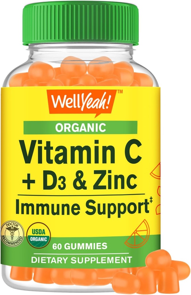 WellYeah Organic Vitamin C + D3 + Zinc Gummies - Ανοσοποιητική ενίσχυση, Αντιοξειδωτικό-Rich, και υποστήριξη της υγείας των οστών, USDA Organic, Vegan, και μη-GMO - Gluten-free, Nut-Free Gummy - 60 Count
