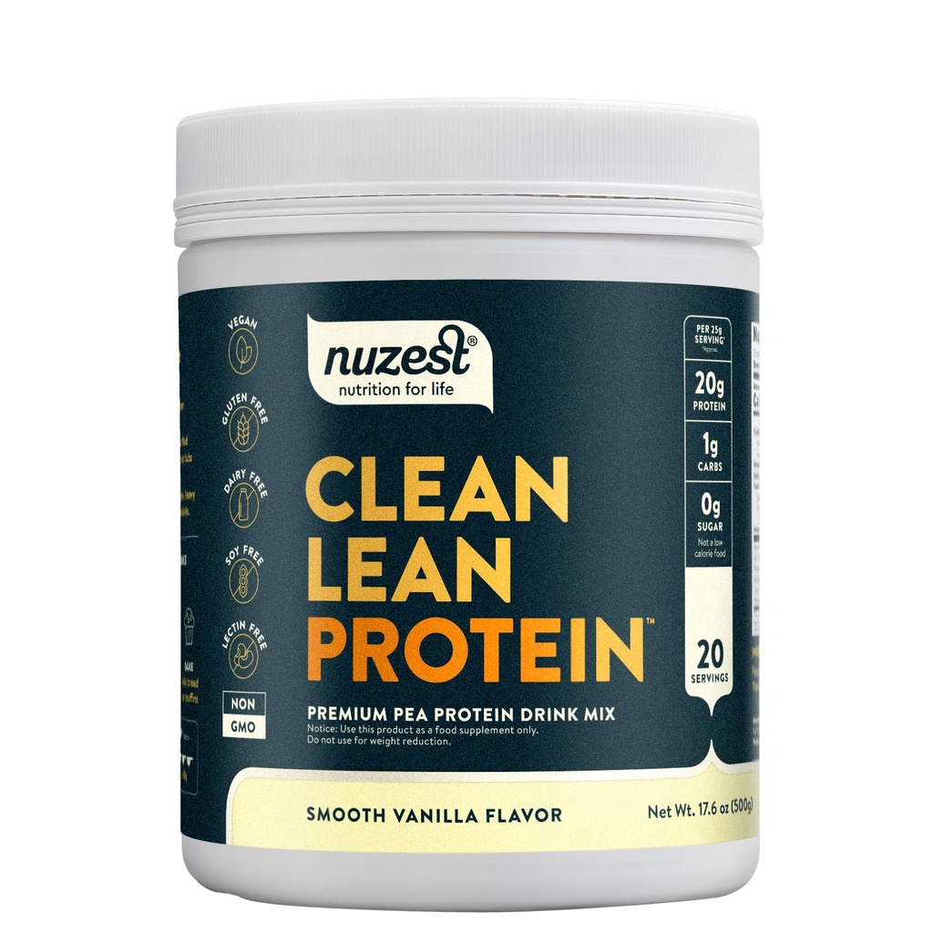 Nuzest - Pea Protein Powder - Καθαρή πρωτεΐνη Lean, Premium Vegan Plant Based, Γαλακτοκομικά, Χωρίς γλουτένη, GMO Free, Φυσικώς γλυκασμένη πρωτεΐνη Shake, Smooth Vanilla, 20 μερίδες, 1.1 lb