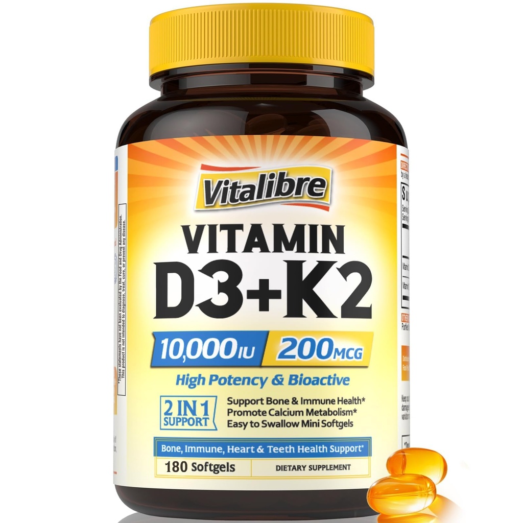 Vitalibre Vitamin D3 K2 Supplement, 10000 IU D3 / 200 mcg K2 MK7, Calcium Absorption, Bone, Heart, Immune & Mood Support, Enhanced Absorption, No Soy, Easy to Swallow, 180 Softgels
