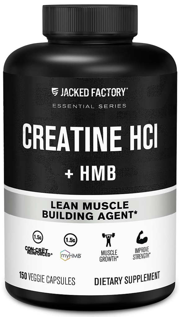 Jacked Factory Creatine HCL + κάψουλες HMB - Συνεργατικό CON-CRET, myHMB, & Vitamin D Formula για βελτιωμένη ανάπτυξη, δύναμη, & μειωμένη μυϊκή διάσπαση - 150 κάψουλες