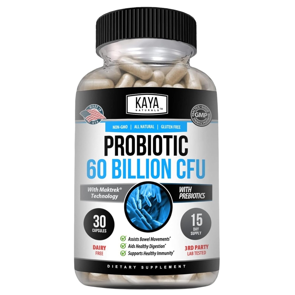 Kaya Naturals Probiotic 60 Billion CFU - Probiotics for Women, Probiotics for Men and Adults, Natural - Gut Health & Immune Support Supplement - Provides Digestive Support - 30 Vegetable Capsules