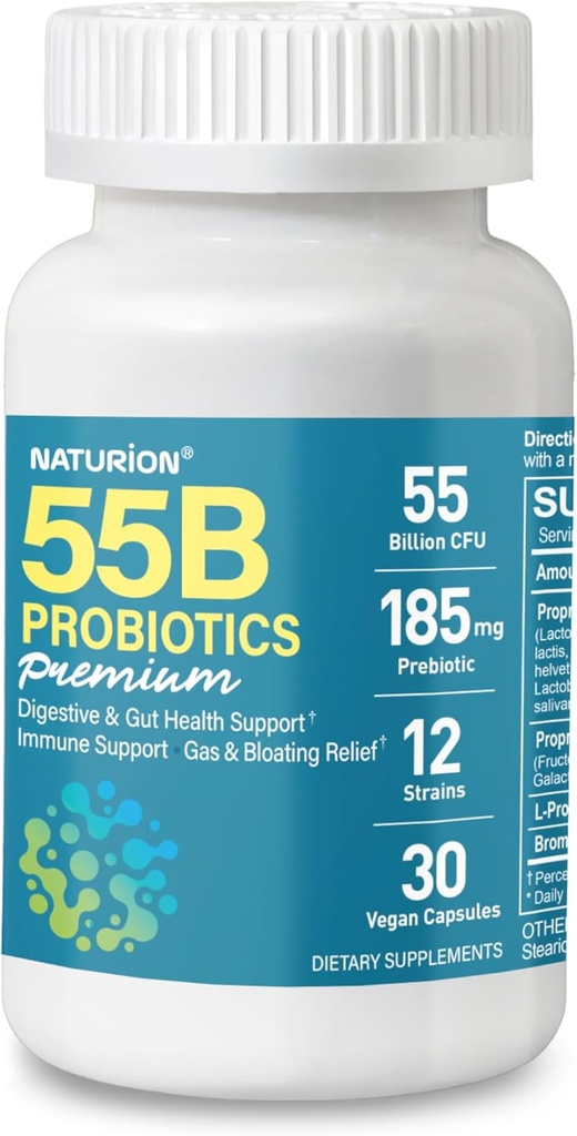55B Probiotics Premium - 55 Δισεκατομμύρια CFU, 12 Strains, 185mg Prebiotic - Immune Support, Digestive & Gut Health - Υποστηρίζει περιστασιακή δυσκοιλιότητα, αέριο & Bloating - 30 κάψουλες Vegan, 30 ημέρες προσφοράς