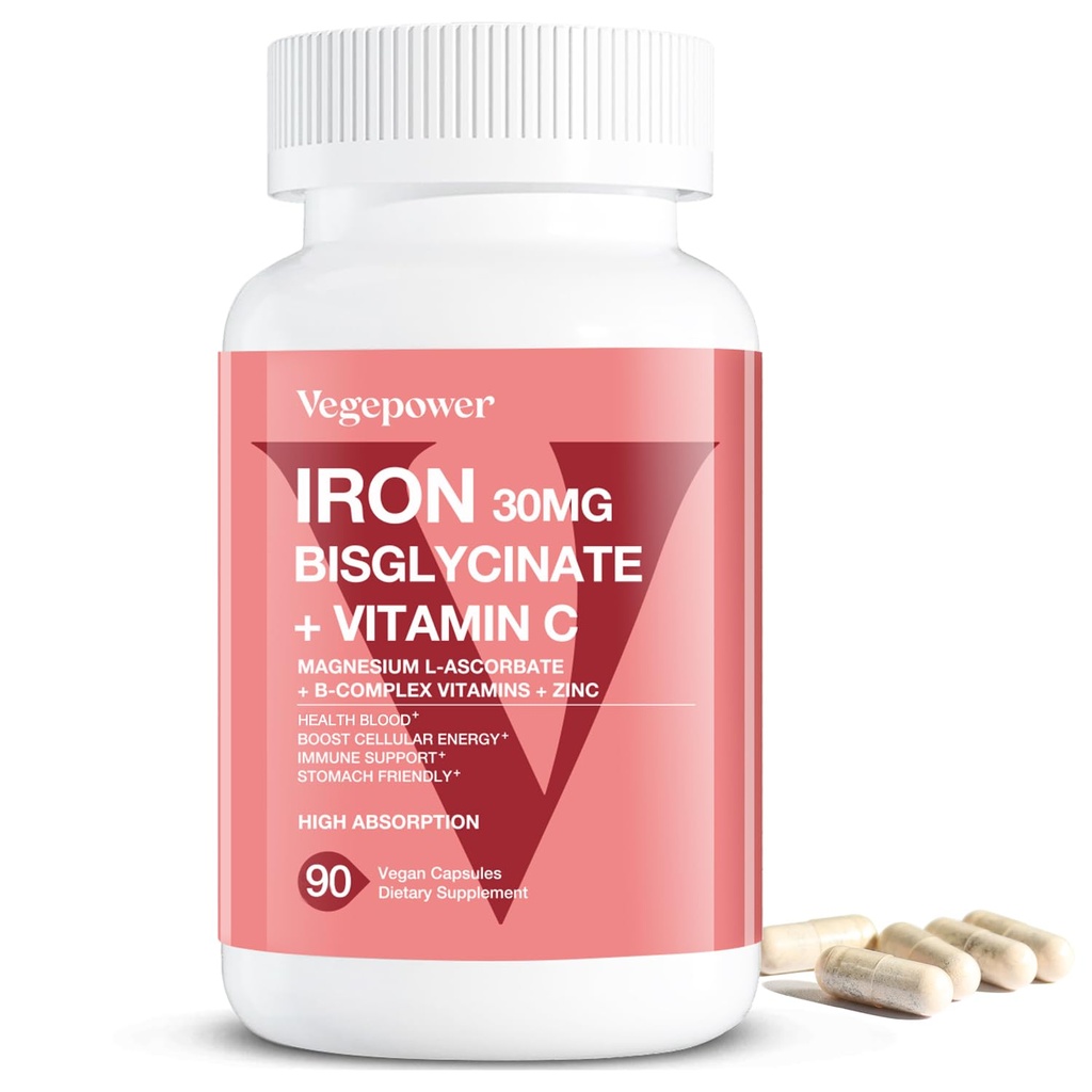 Iron Bisglycinate 30 mg with Vitamin C - High Absorption Iron Supplements for Anemia, Energy & Healthy Red Blood Cells - Gentle on Stomach, Non-Constipating, Non-GMO - 90 Vegan Capsules