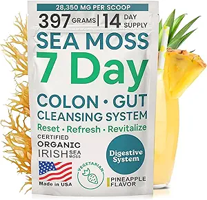 Atlantic Naturals Sea Moss 7-Day Colon & Gut Purification - Golden Flax Seeds, Psyllium Husk, Senna Powder, for Women & Men - Ανανάς ποτό γεύσης Mix (14 oz)
