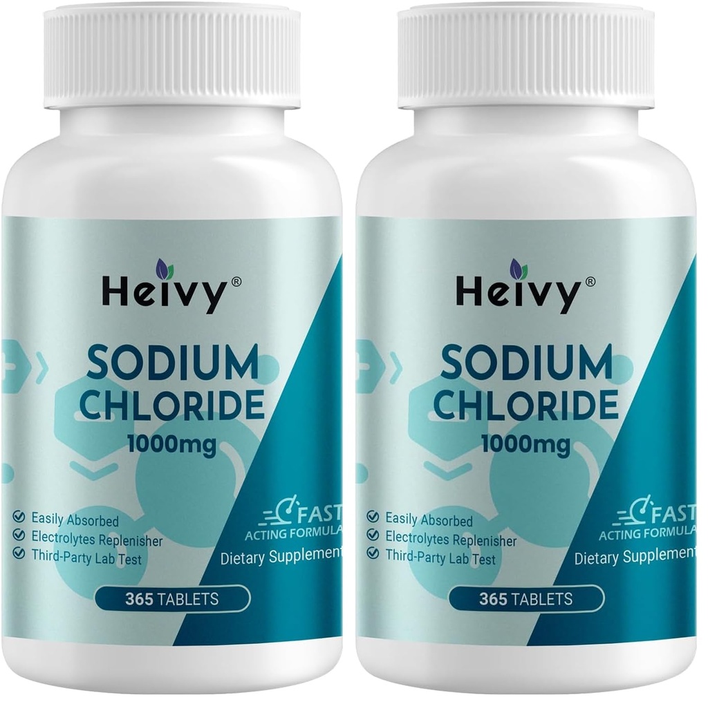 Heivy Sodium Chloride Capsules 1000mg - Pure Salt-Tablets, 365 Tablets, Sodium Chloride, Non-GMO - Electrolyte Balance and Hydration Support, Electrolytes Replenisher Hydration Drink, (Pack of 2)