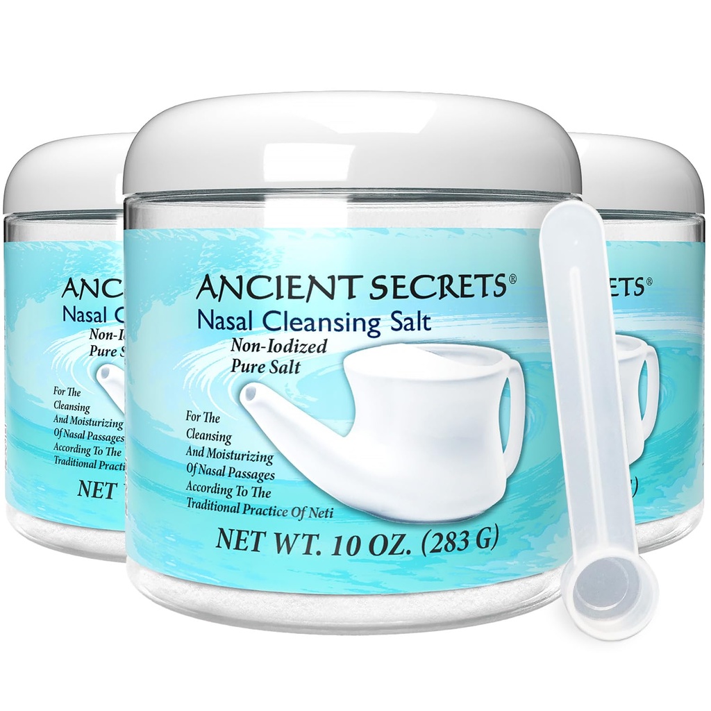 Ancient Secrets Nasal Cleansing Salt, Non-Iodized, 3-Pack – USP-Grade Sodium Chloride for Any Neti Pot, Sinus Irrigation System, 10 Oz Ea