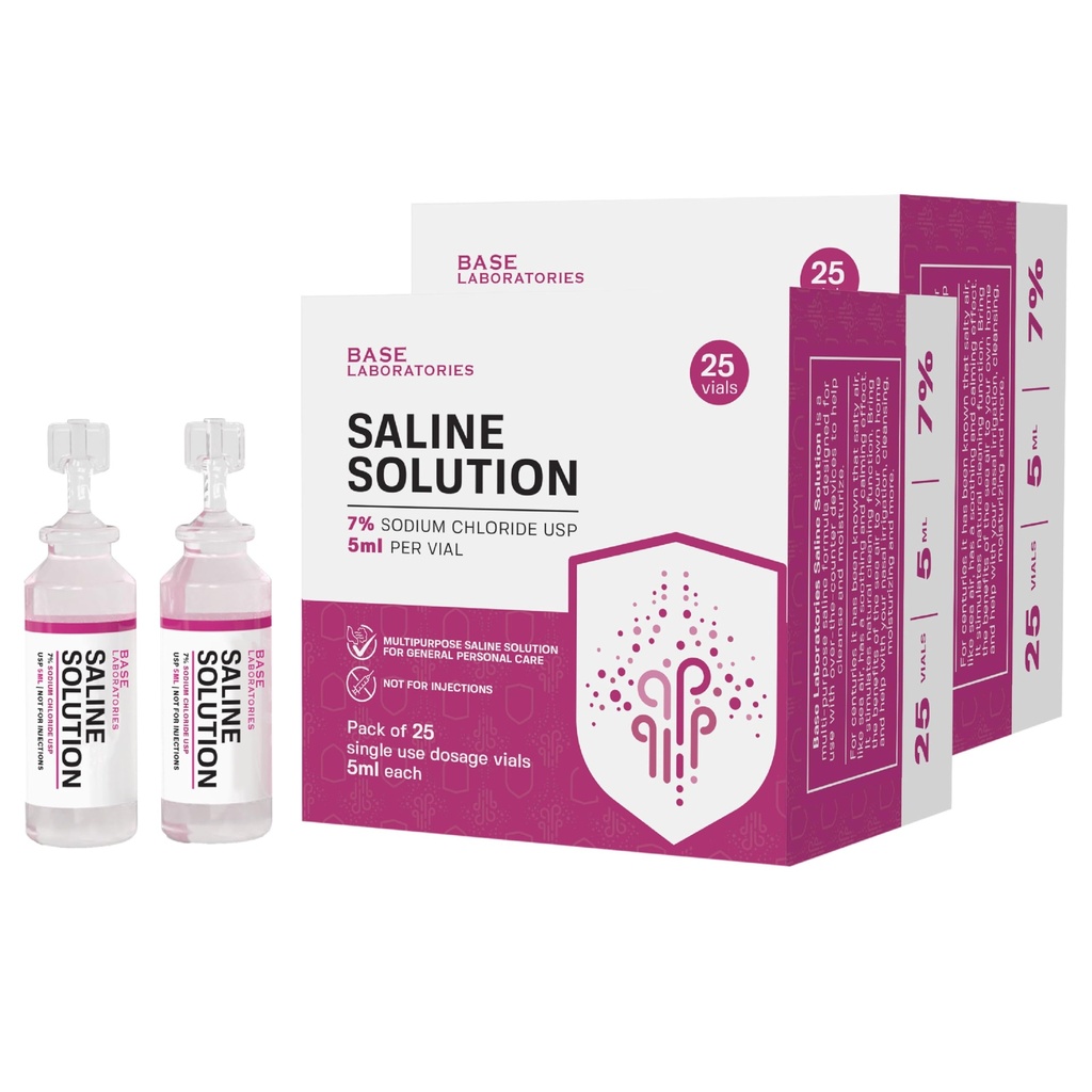 BASE LABORATORIES 7% Saline Solution Vials - Versatile 7% Sodium Chloride Saline Ampoules - Preservative Free Saline Solution Single use vials - USP Grade 50 Vials x 5ml Count