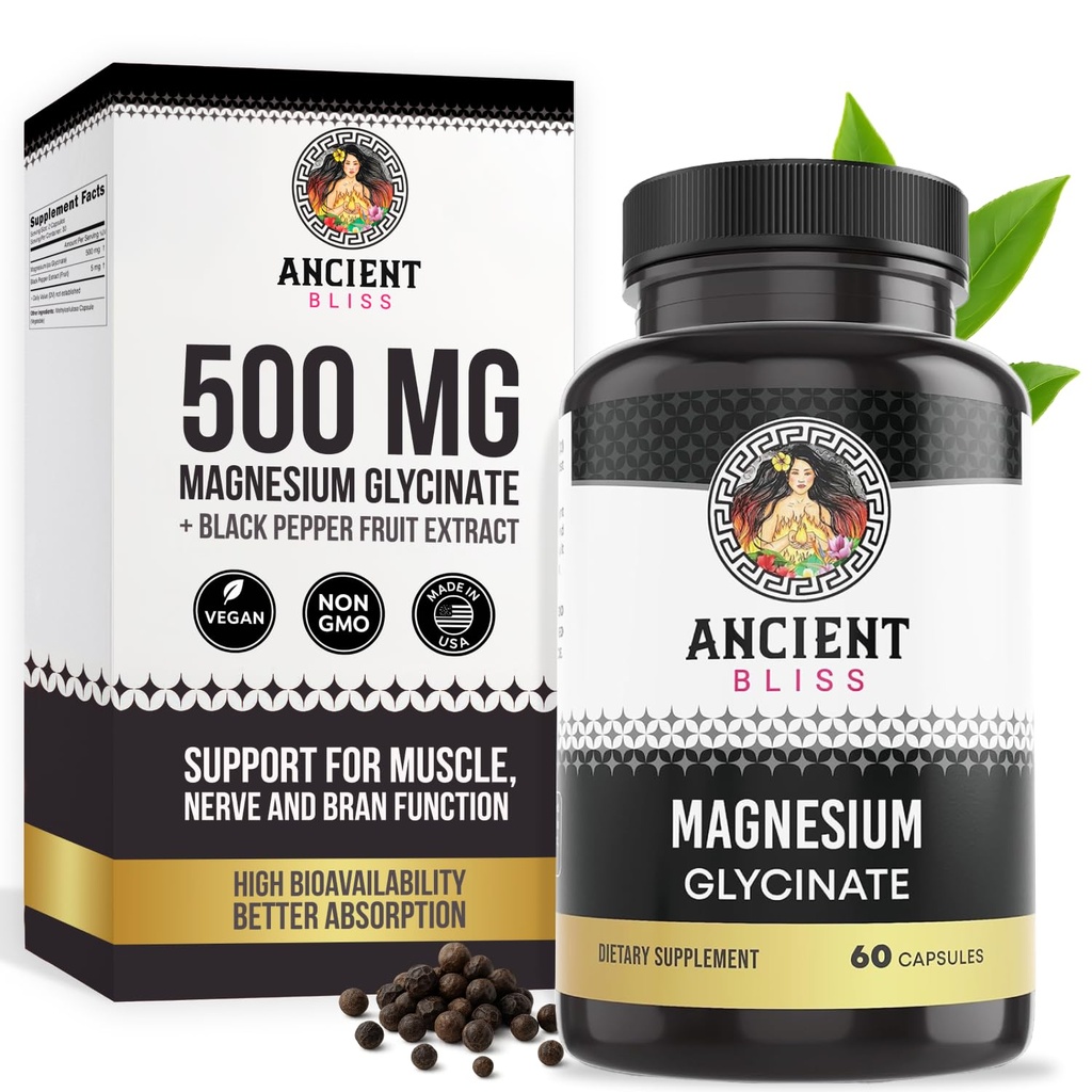 Γλυκινικό μαγνήσιο Αρχαίο Bliss για τους μυς & τα νεύρα, συμπλήρωμα υποστήριξης Digestive & Immune, συμπλήρωμα μαγνησίου για γυναίκες & άνδρες (60 κάψουλες)
